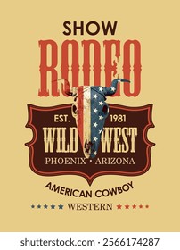 Banner for a Cowboy Rodeo show. Vector illustration with a skull of bull with USA flag and lettering in retro style. Suitable for poster, label, flyer, invitation, t-shirt design