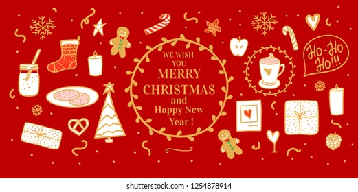 Banner Cozy gold hand drawn white on card. Milk cocoa and cookies for Santa. Vector set illustration concept Merry Christmas mood isolated on red background