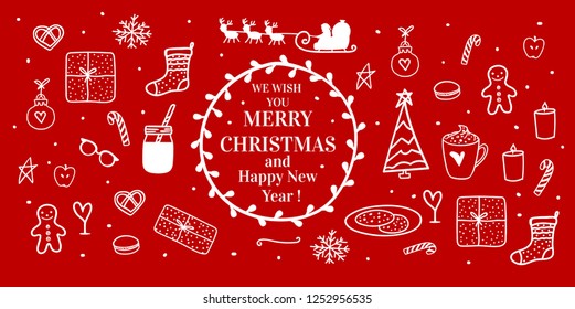 Banner Cozy hand drawn white on card. Milk cocoa and cookies for Santa. Vector set illustration concept Merry Christmas mood isolated on red background