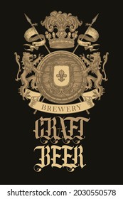 Banner for craft beer with a vintage coat of arms on a black background. Hand-drawn vector brewery heraldry with a wooden barrel, lions, flags, spears, crown and a fleur de lis on a knightly shield