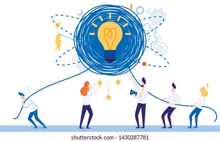 Banner Creating Profitable Idea Cartoon Flat. Closeup Glowing Incandescent Lamp Entwined with Ropes. Enterprising People Squeeze Opportunity and Money Out Ideas. Vector Illustration.