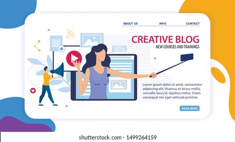 Banner Creative Blog New Courses and Training. With Help which Acquired Knowledge is Improved or they are Taught Something new from Scratch. Girl from Monitor Screen makes Selfie Flat.