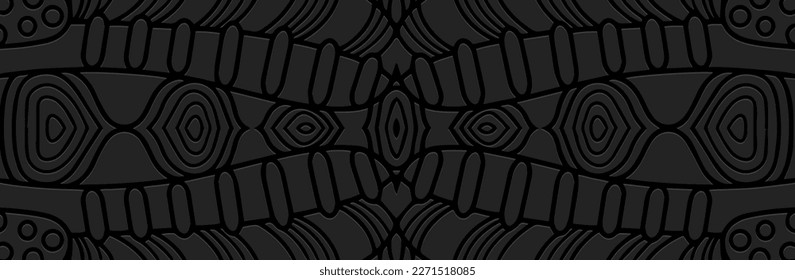 Cartel, diseño creativo de portada. Patrón 3d geométrico grabado sobre un fondo negro. Boho étnico, temas vintage hechos a mano de los pueblos del Este, Asia, India, México, Aztecas, Perú.