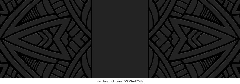 Banner, creative cover design. Embossed geometric 3d pattern on a black background. Ethnic motifs, ornaments of the East, Asia, India, Mexico, Aztecs, Peru. Dudling, boho, art deco.