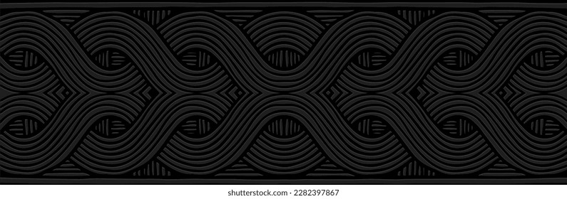 Cartel, diseño creativo de portada. Patrón geométrico 3D emboscado en un fondo negro. Temas del Este, Asia, India, México, Aztecas, Perú. Boho tribal, garabato y zentángulo, antiestrés.