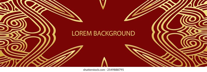 Anuncio, diseño creativo de la cubierta. Patrón de oro geométrico sobre fondo de lorem rojo, espacio para texto. Adornos de Antiguas, arabescos, mandala del Este, Asia, India, México, Azteca. Estampado festivo étnico.