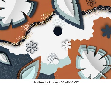 Banner with creative leaves on a white background. Seasonal poster in trendy paper cut style. Design template for print or web. Vector illustration