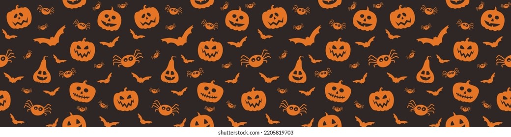 Banner with creepy pumpkins, bats and spiders. Halloween texture. Vector
