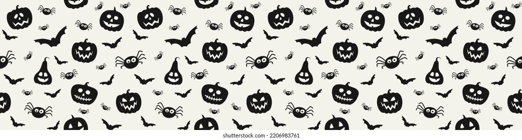 Banner with creepy pumpkins, bats and spiders. Halloween texture. Vector