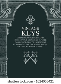 Banner with crossed vintage keys, keyhole, medieval arch and place for text on a black background. Hand-drawn vector background or illustration in retro style