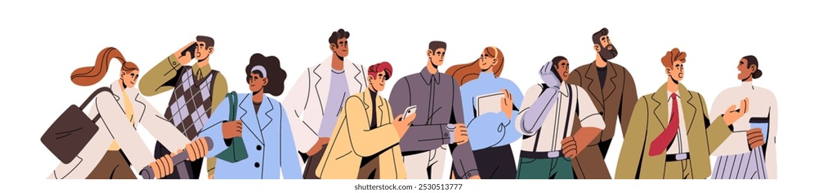 Banner with crowd of office workers, employees. Business team goes to work together. Busy people communicate by phone, hurry. Group of colleagues walks. Flat isolated vector illustration on white