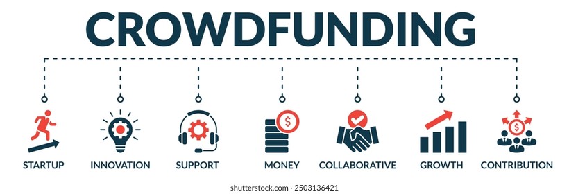Banner of crowdfunding web vector illustration concept with icons of startup, innovation, support, money, collaborative, growth, contribution

