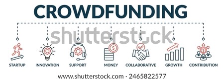 Banner of crowdfunding web vector illustration concept with icons of startup, innovation, support, money, collaborative, growth, contribution
