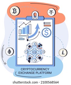 Banner para plataforma de intercambio criptodivisa. La gente analiza el mercado, el comercio digital de valores. Inversión en criptodivisa y tecnología blockchain. Empleados trabajan en la minería del dinero digital