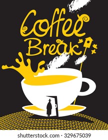 banner with a cup of coffee in a door and a passerby