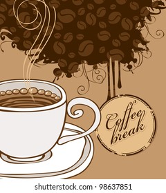 banner with cup of coffee and grains