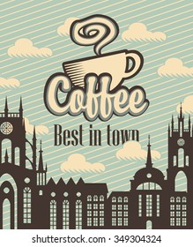 banner with a cup of coffee on a background of old city