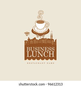banner with cup of coffee on background of old town