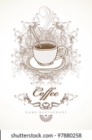 banner with cup of coffee on background with swirls
