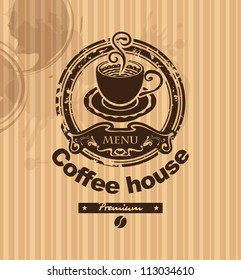 banner with a cup of coffee on a striped background