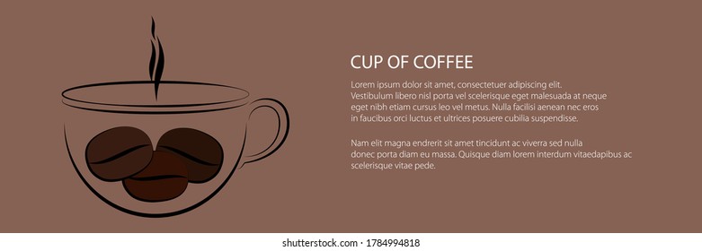 Banner of cup of hot coffee with steam and grains, vector illustration