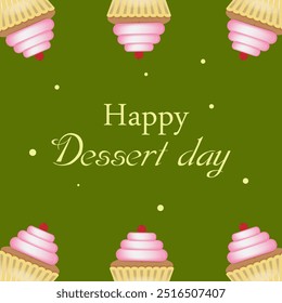 Banner with cupcake with cherry on top and green background