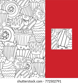 Banner with cupcake seamless pattern in cartoon style. Perfect for print, menu and creative design. Vector illustration. 