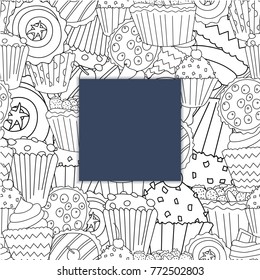 Banner with cupcake seamless pattern in cartoon style. Perfect for print, menu and creative design. Vector illustration. 