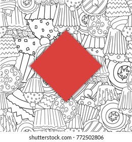 Banner with cupcake seamless pattern in cartoon style. Perfect for print, menu and creative design. Vector illustration. 