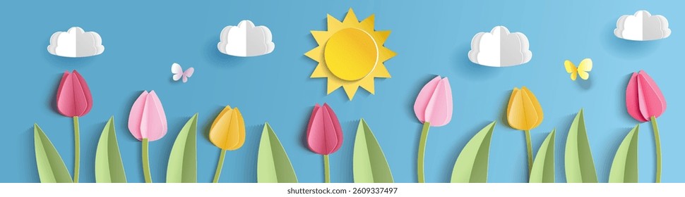Banner with cut out tulips. Spring flowers, sun and clouds, blue sky, butterflies