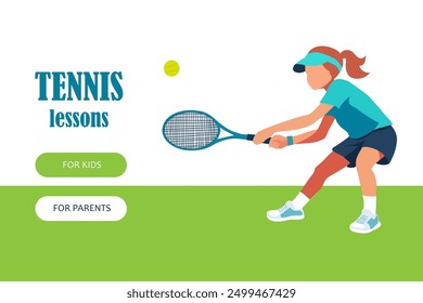 Banner with cute active girl in blue clothing wearing visor and play in tennis. Advertising tennis lessons for active children. Vector illustration