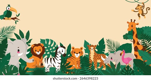 Banner with cute African animals and tropical leaves.Frame and template. Vector cartoon flat illustration