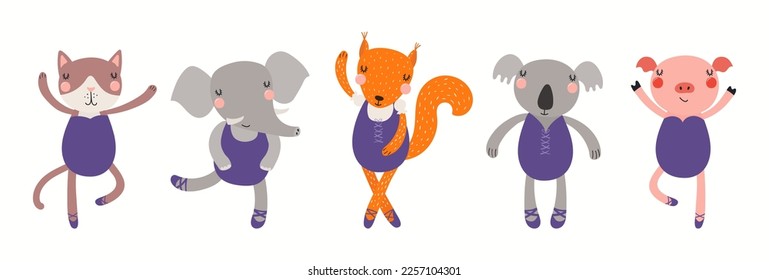 Banner with cute animals ballerina girls in leotards, isolated on white. Hand drawn vector illustration. Scandinavian style flat design. Concept for kids fashion, textile print, ballet school, studio