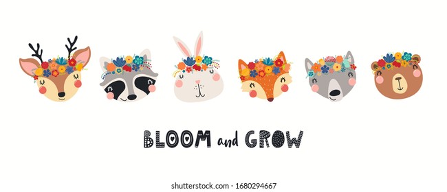 Banner with cute animals in flower crowns, quote Bloom and Grow. Hand drawn vector illustration. Isolated objects on white. Scandinavian style flat design. Concept for children spring, summer print.