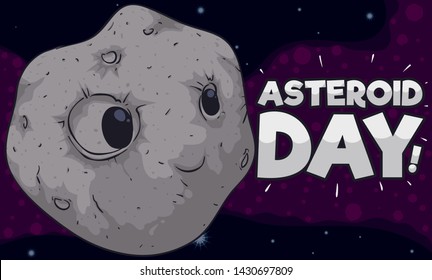 Banner with a cute asteroid wandering in the outer space, smiling at you during Asteroid Day.