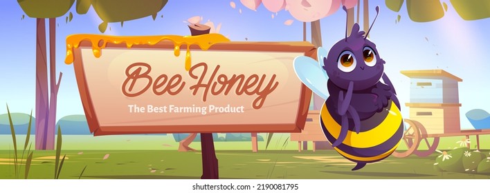 Banner with cute bee near wooden signboard with dripping honey on apiary at forest meadow with beehives, trees and blooming flowers at sunny summer day landscape, Cartoon vector farm product ads promo