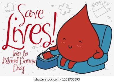 Banner with cute blood drop in a couch donating blood with doodles in the background promoting to save lives and join to the Blood Donor Day events.