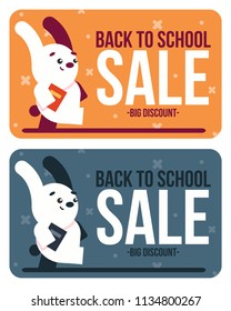 A banner with a cute bunny. Back to school sale. Vector flat illustration