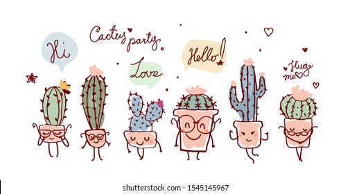 Banner with cute cactus characters. Positive plants exchange pleasant words. Template for stickers, print, postcard. The concept of home plants, parties, communication. Stock vector isolated on white