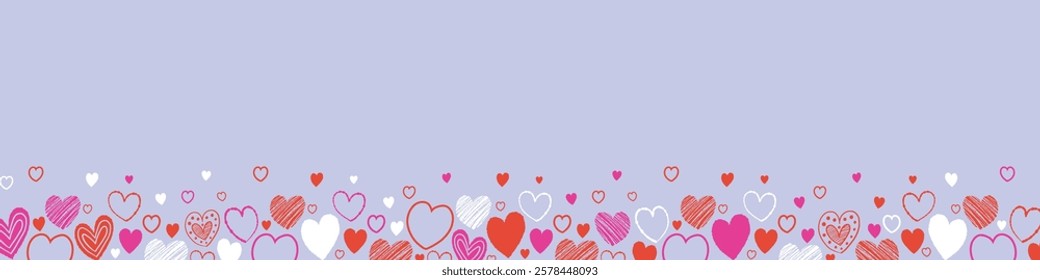 Banner with cute cartoon floating hearts. Background with hand drawn shapes. Doodles. Design for Valentine’s Day, Mother’s Day and Women’s Day. Vector illustration