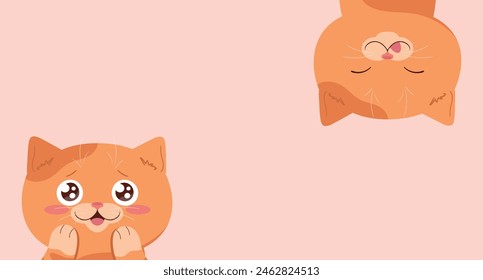 Banner with cute cartoon ginger cats. Emotional cat hanging upside down. Cute template. Vector illustration