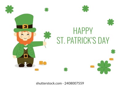 Banner Cute cartoon leprechaun with clover and coins symbol of luck . Vector bearded Irish, Saint Patrick