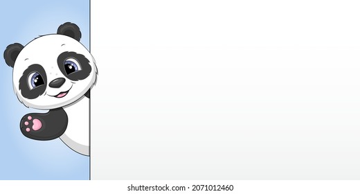 Banner with cute cartoon panda. Vector of an animal showing something.