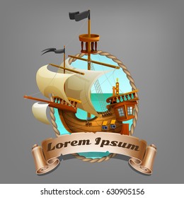 Banner of cute cartoon pirate ship. Vector illustration.