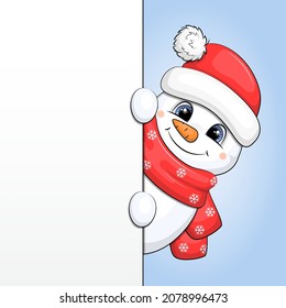 Banner With Cute Cartoon Snowman In Red Hat And Scarf. Snowman Showing Something.