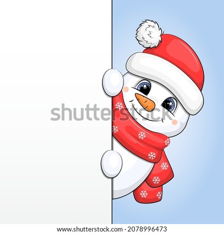 Banner with cute cartoon snowman in red hat and scarf. Snowman showing something.