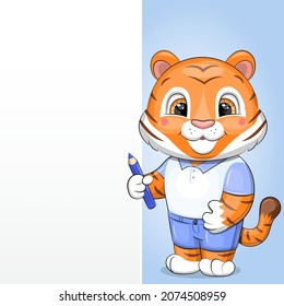 Banner with cute cartoon tiger. Animal showing something.