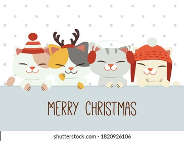 The banner of cute cat and friends with winter accerssoties in flat vector style. illustation about christmas for graphic,content , banner, sticker label and greeting card.