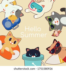 The banner of cute cat in summer theme. illustation for graphic,content , banner, sticker label and greeting card.