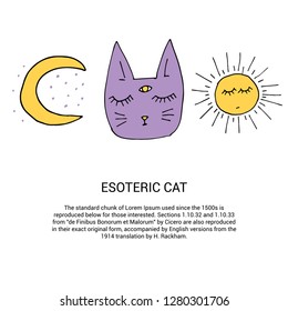 Banner with cute cat, sun and crescent doodle, hand-drawn vector